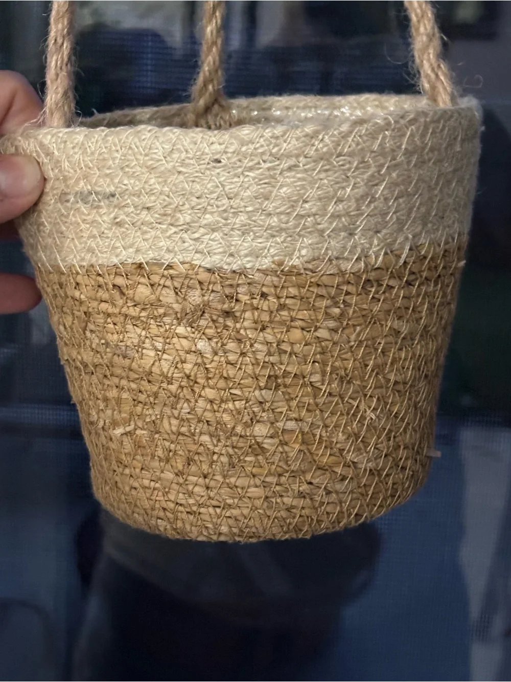 Two-Tone Woven 3-Rope Hanging Planter Natural Cream Jute Plastic lining 4” Home